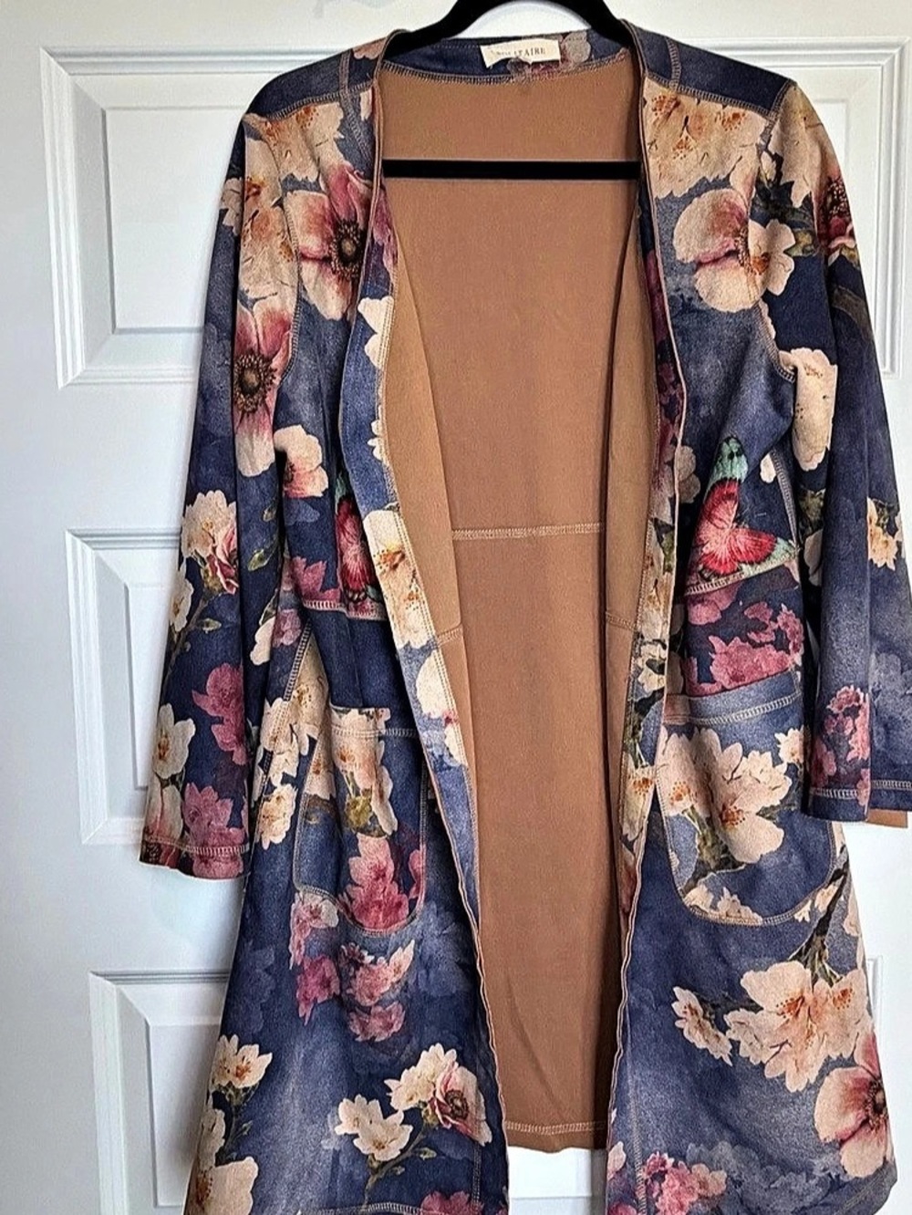 Solitaire Anthropologie Faux Suede Floral Open Front Jacket Blue & Pink Large